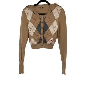 Burberry London Argyle Nova Scotia Tan 100% Cashmere Crop Sweater Medium